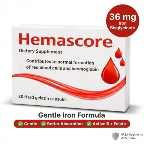 هيماسكور مكمل غذائي حديد بيسجليسينات 36 مجم | مع فيتامين C وB6 وB12 وحمض الفوليك | تركيبة لطيفة | 30 كبسولة